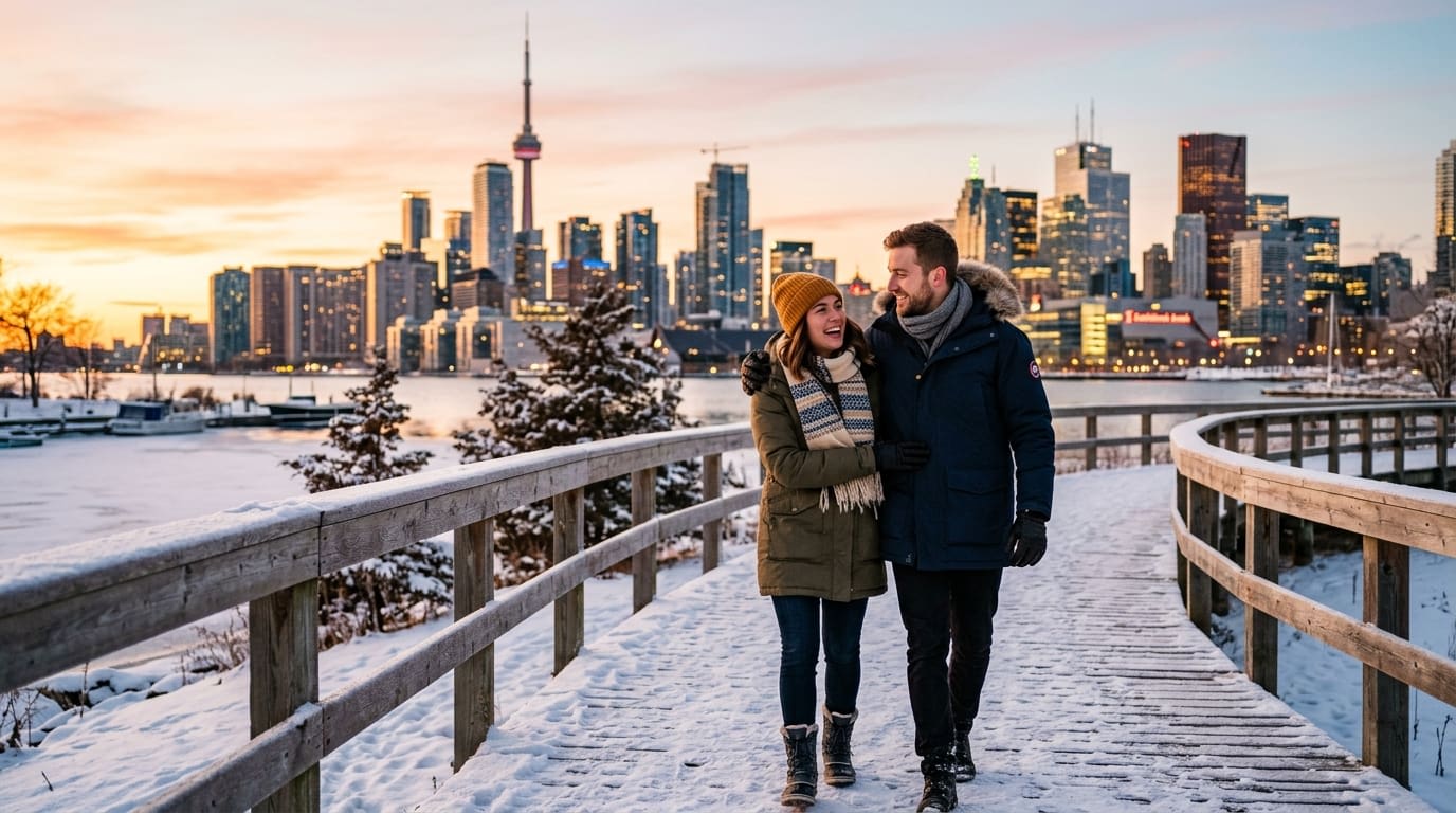 Angel number 111 meaning in love — couple walking together on a snowy Canadian boardwalk at golden hour